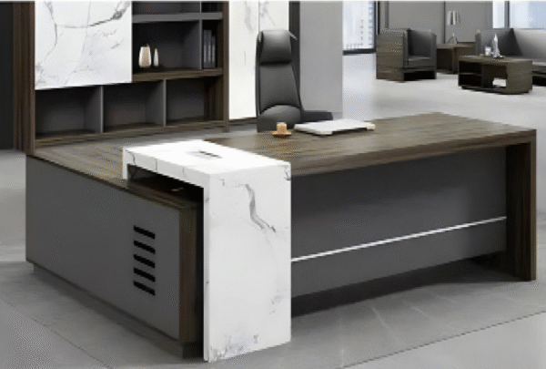 Executive desk with a distinctive design made of MDF wood and PVC veneer, supported by a side panel