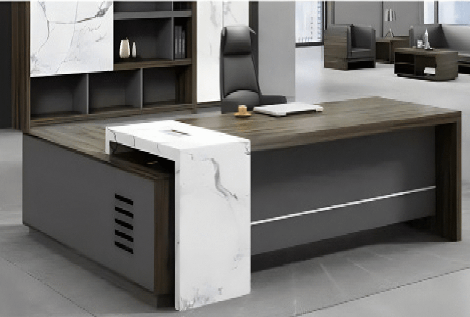 Executive desk with a distinctive design made of MDF wood and PVC veneer, supported by a side panel