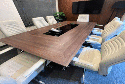 Meeting table with a distinctive design made of MDF wood, available in custom sizes.