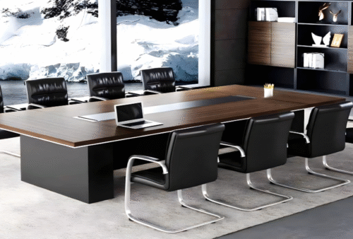 Meeting table with a distinctive design made of MDF wood, available in custom sizes.
