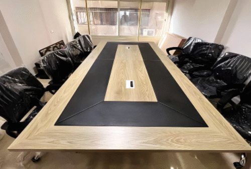 Meeting table with a distinctive design made of MDF wood, available in custom sizes.