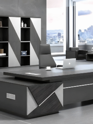 Executive desk with a distinctive design made of MDF wood and PVC veneer, supported by a side panel