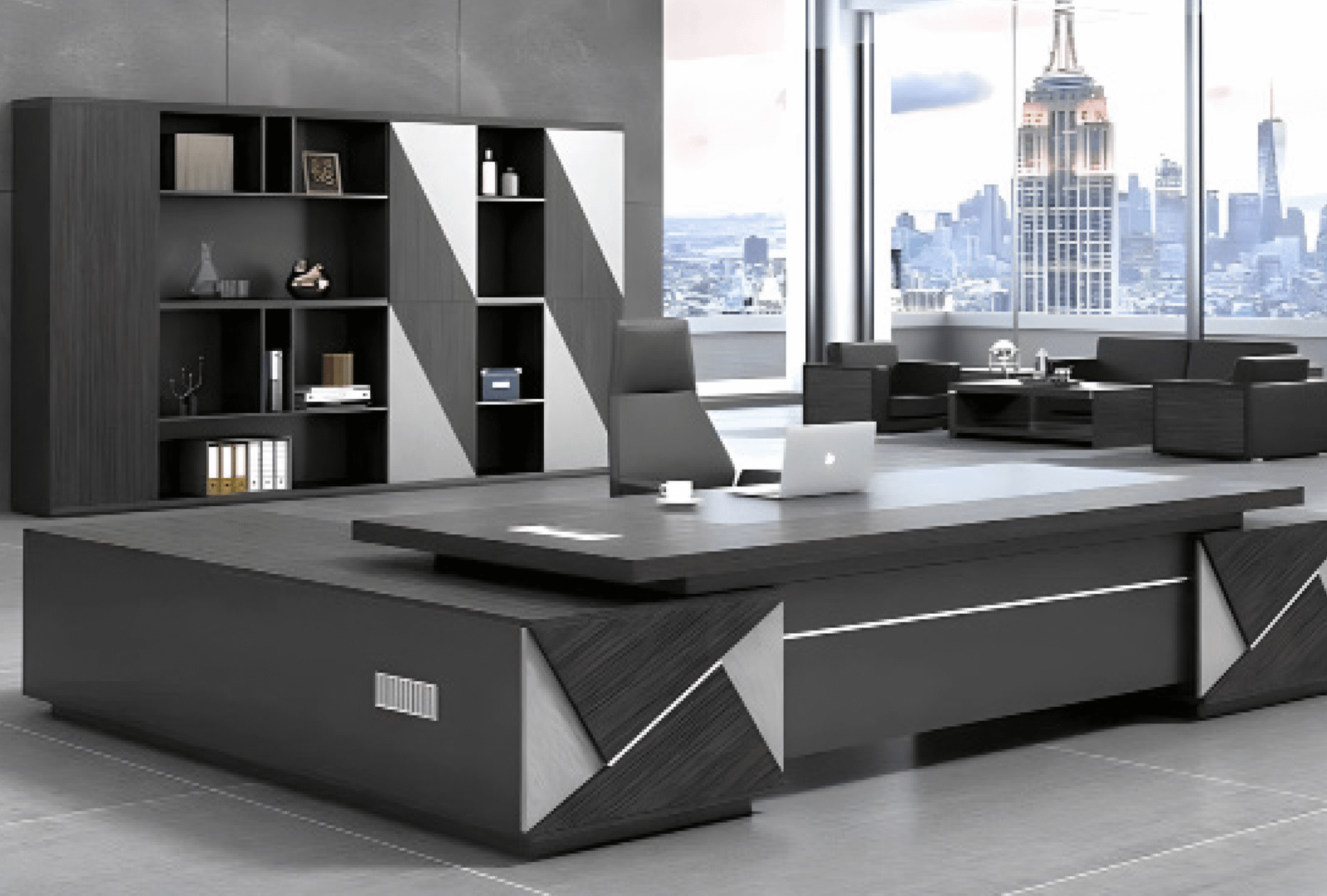 Executive desk with a distinctive design made of MDF wood and PVC veneer, supported by a side panel