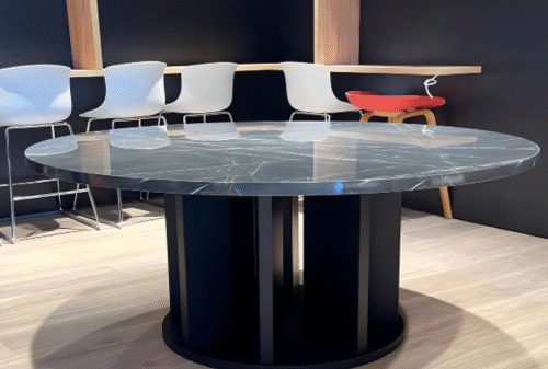 Meeting table with a distinctive design made of MDF wood, available in custom sizes.