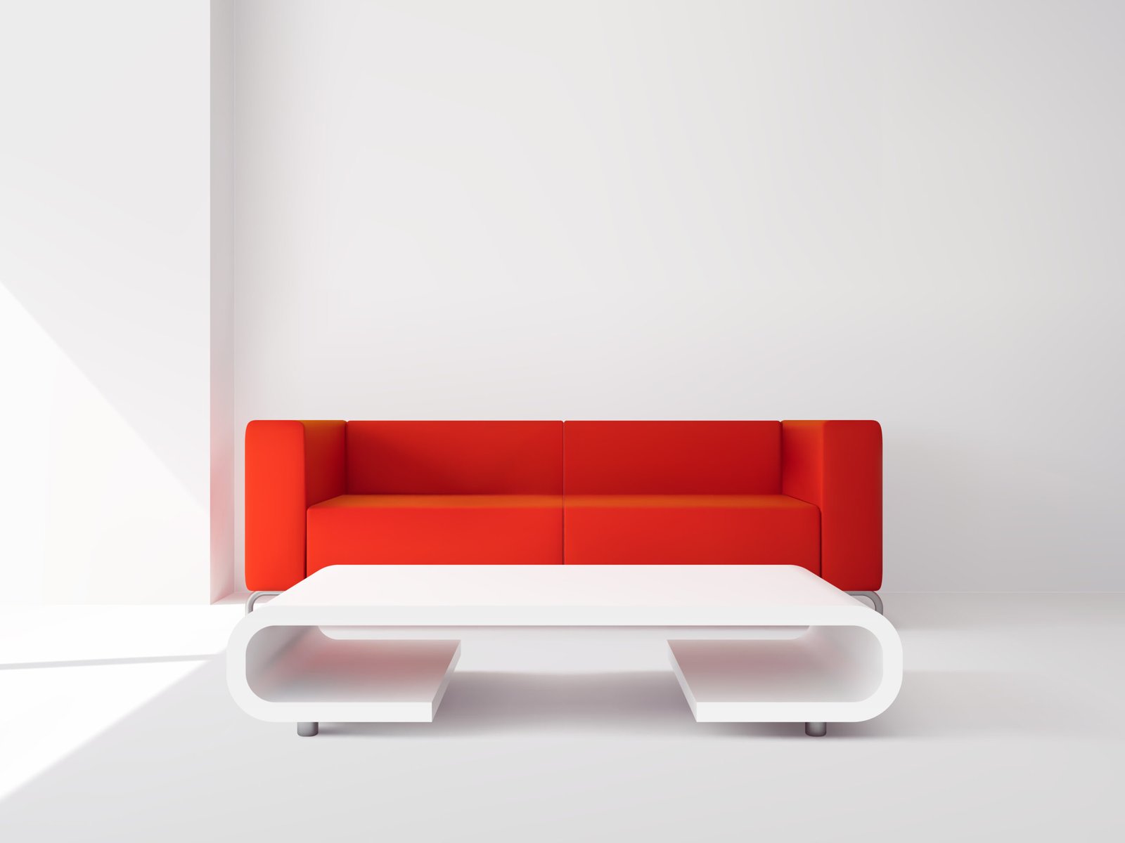 Red modern office sofa with a white coffee table