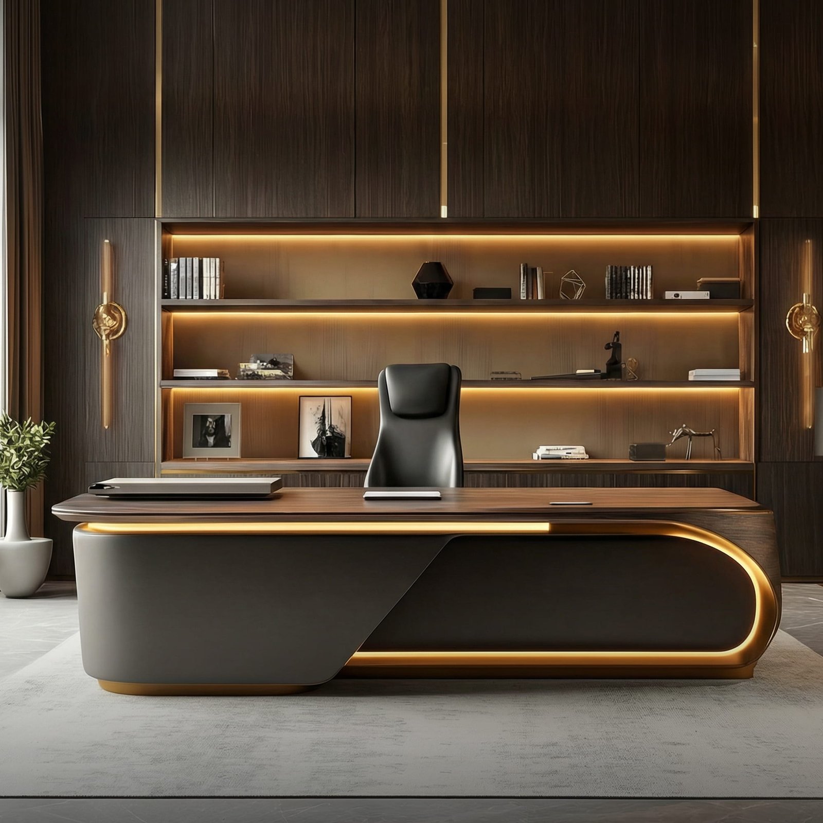 Luxury executive office with desk, chair, and illuminated bookshelf wall unit
